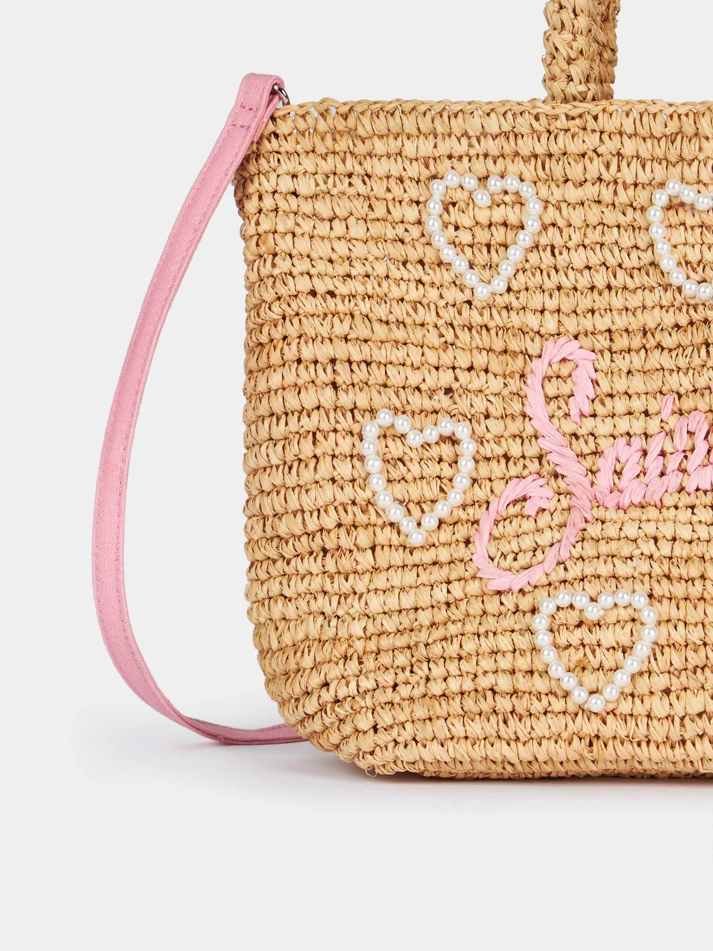 Borsa midi Beach in rafia decorata con pochette in cotone