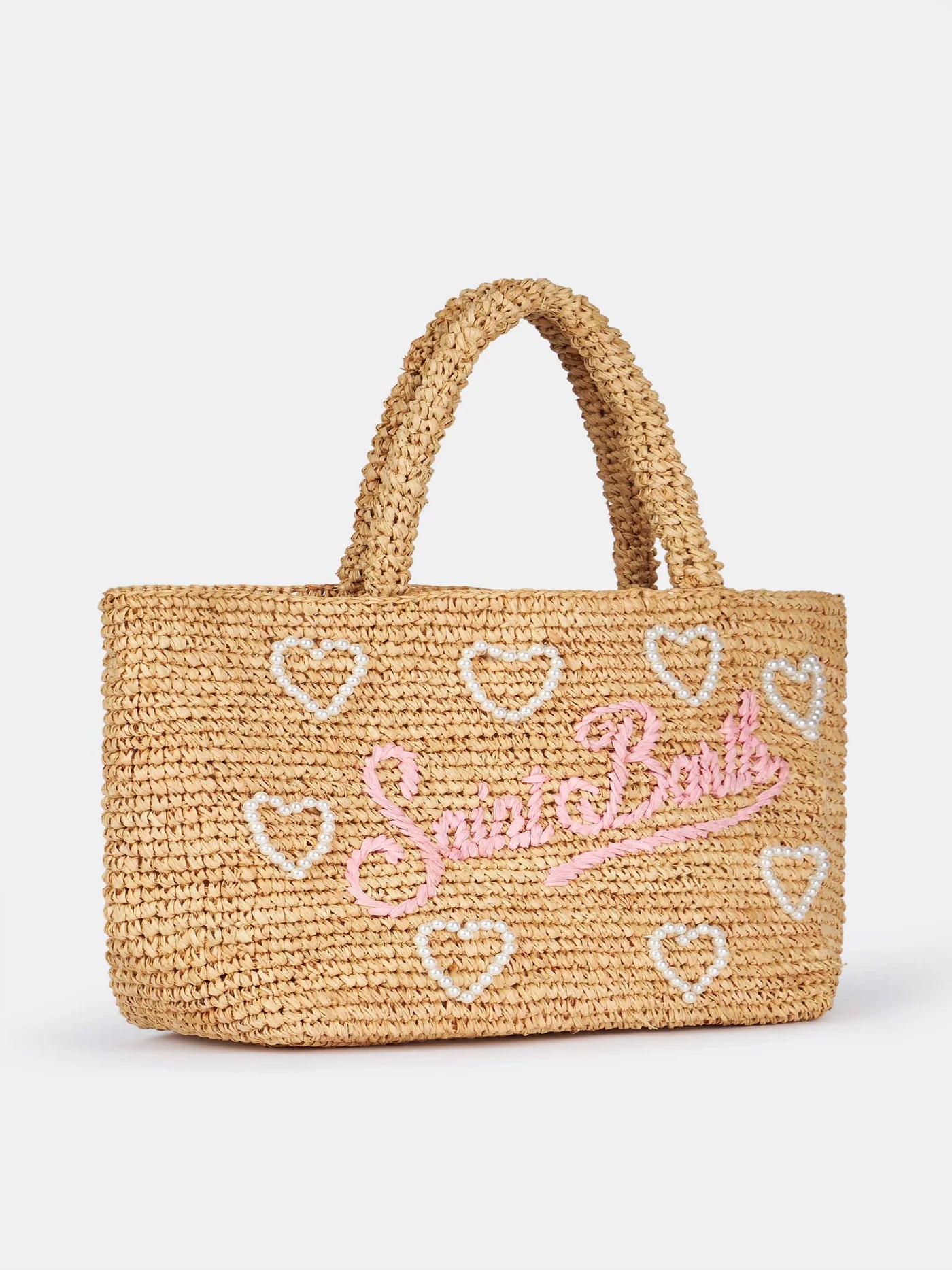 Borsa midi Beach in rafia decorata con pochette in cotone