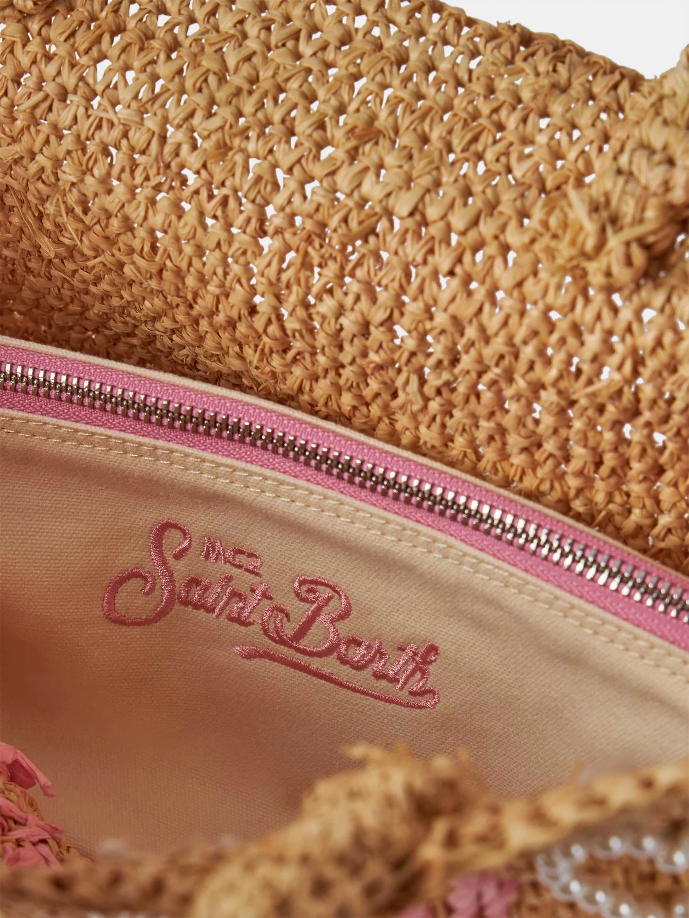 Borsa midi Beach in rafia decorata con pochette in cotone