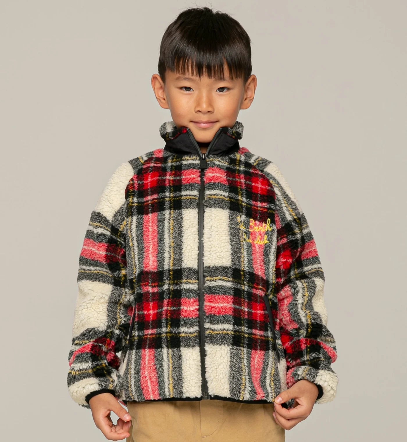 Mc2 Saint Barth Giubbotto in sherpa tartan da bambino con ricamo St. Barth Bob Club